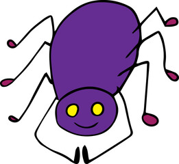smiling cute funny purple spider with yellow eyes with eight legs looking at camera