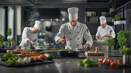 Group of chefs in white uniforms in restaurant kitchen working at their counter