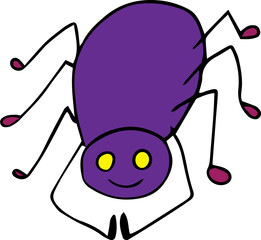 smiling cute funny purple spider with yellow eyes with eight legs looking at camera