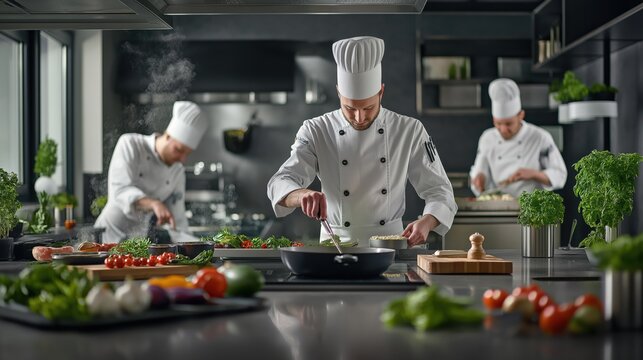Group of chefs in white uniforms in restaurant kitchen working at their counter