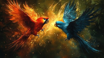 Obraz premium Fiery red & blue parrots clash mid-air in magical jungle