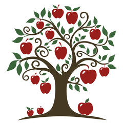 Vector apple tree on a white background. Artistic stylized apple tree, branches are curved and decorative.