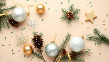 Christmas decorations concept. Top view photo of white transparent gold and green baubles snowflake pine cone star ornaments spruce branches and confetti on isolated beige background with copyspace,