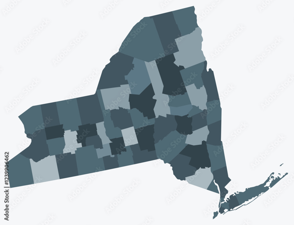 Poster map of new york with counties. just a simple state border map with county division. blue grey color 
