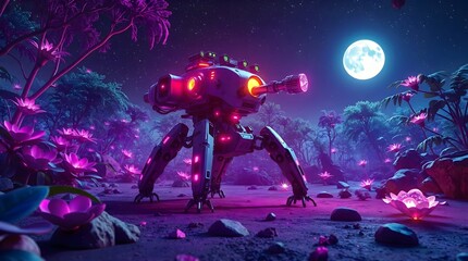Obraz premium Alien World Explorer Robot with Solar Sails and Retractable Tools in Bioluminescent Forest at Night