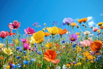 Naklejka premium Colorful Wildflower Meadow Summer Blossoms Vibrant Field Blue Sky Impressionism