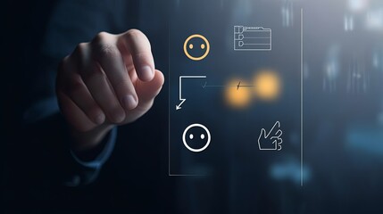Business People Touching Virtual Screen with Happy Smiley Face Icon, Symbolizing Customer Service and Satisfaction, Impressed with High Rating
