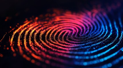 Fingerprint with neon lines tracing swirl patterns on black background