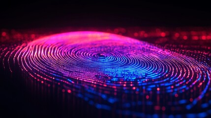 Fingerprint with neon lines tracing swirl patterns on black background