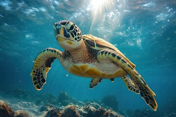 Fototapeta premium Majestic Sea Turtle Swimming Underwater with Coral and Colorful Fish in Maldives Ocean