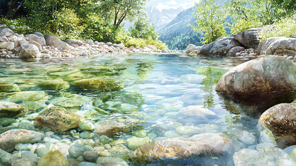Naklejka premium serene mountain stream with clear water, smooth stones, and lush greenery. sunlight reflects off water, creating tranquil atmosphere