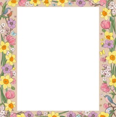Obraz premium Floral Border Frame Illustration with Spring Flowers, Birds, and Butterflies - Perfect for Invitations, Cards, and Scrapbooking Projects