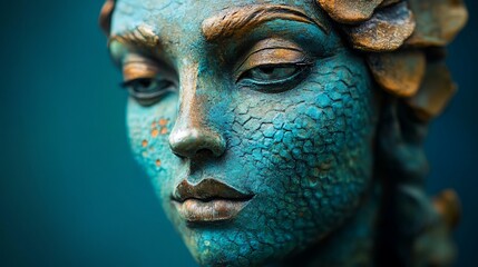 Close up portrait of a mesmerizing mystical creature sculpture with scale skin