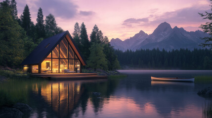 Fototapeta premium Modern A-Frame Cabin by an Alpine Lake at Dusk