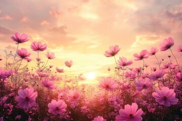 Obraz premium Serene Sunset Over Blooming Cosmos Flower Field in Pastel Colors