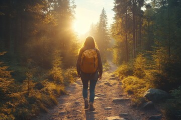 Woman hiking forest path sunrise (1)