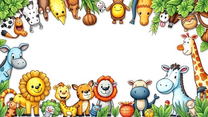 Fototapeta premium Funny illustration with smiling animals in the style of a children's drawing with a collection of cartoon animals on a white background with frame for text, concept children's entertainment