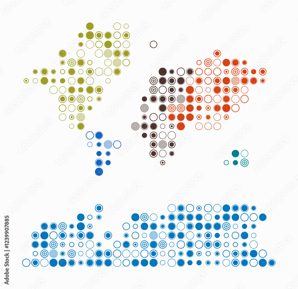 Poster world, shape of the world build of colored cells. digital style map on white background. large size 