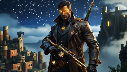 Fototapeta premium A steampunk warrior with glowing eyes holds a futuristic rifle, standing on a cliff overlooking a misty city at night. Dark fantasy and adventure theme