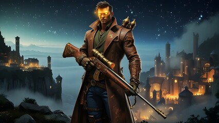 A steampunk warrior with glowing eyes holds a futuristic rifle, standing on a cliff overlooking a misty city at night. Dark fantasy and adventure theme