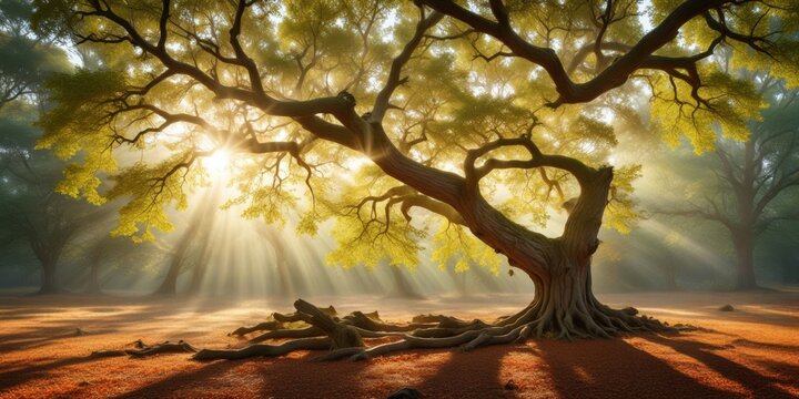 Ancient Tree Bathed in Golden Sunlight, Majestic Roots Exposed, Serene Forest Setting