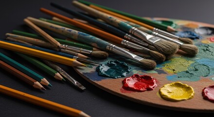 Artistic Tools on Wooden Palette with Colorful Paint and Brushes for Creative Exploration and Masterpieces