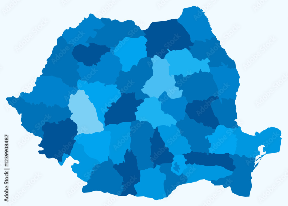 Poster map of romania with regions. just a simple country border map with region division. light blue color