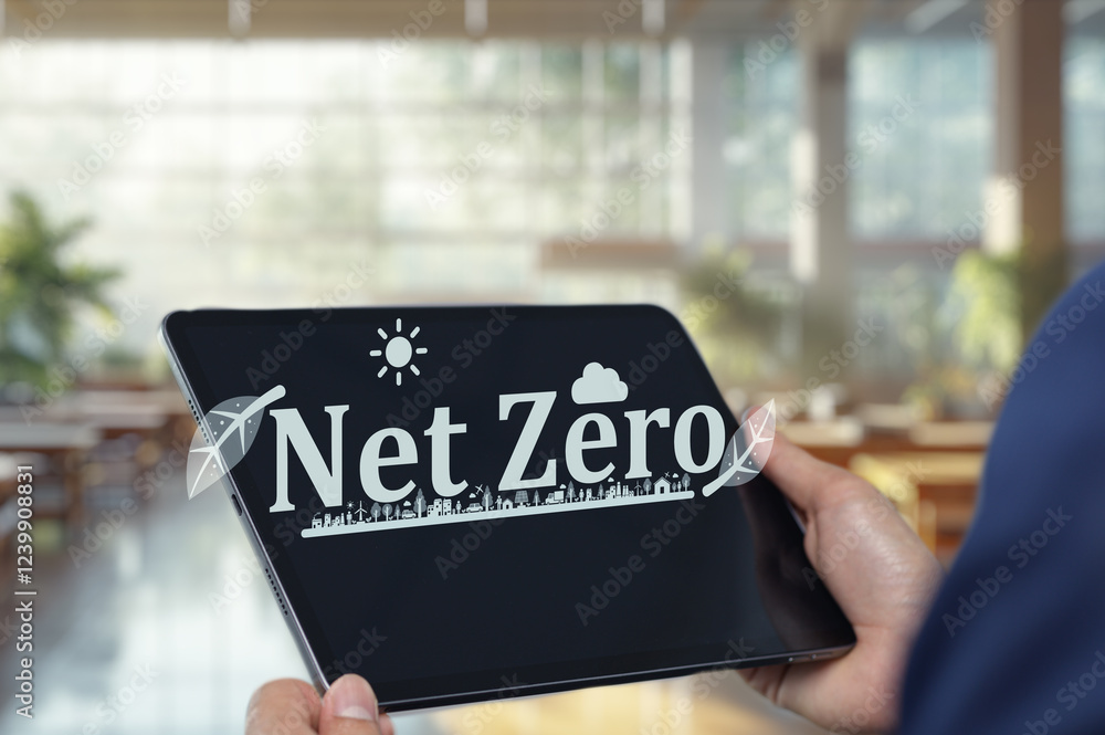 Poster modern tablet display showing net zero concept in bright office
