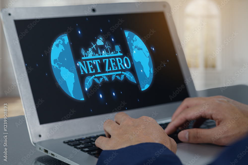 Poster hands typing on laptop with net zero concept and globe design