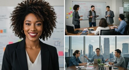 Diverse Business Meeting Set and Collection with Confident Businesswoman and Team Collaboration in Modern Office Environment