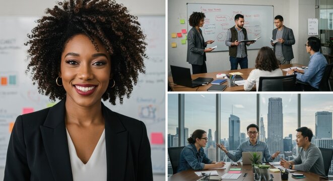 Diverse Business Meeting Set and Collection with Confident Businesswoman and Team Collaboration in Modern Office Environment