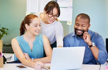 Collaboration, business people and reading with laptop in office, tax research and report for...