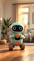 Adorable Pastel Companion Robot with Expressive Digital Eyes Serving Tea in Scandinavian Living Room