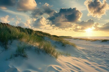 Obraz premium golden hour at coastal sand dunes dramatic sky with cotton candy clouds