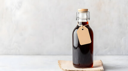 bottle of cold brew coffee concentrate with blank tag on cloth