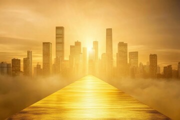 Obraz premium Pathway to Success Amidst Golden Skyscraper Skyline