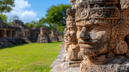 Mayan stone heads, ancient ruins, jungle background, travel photo