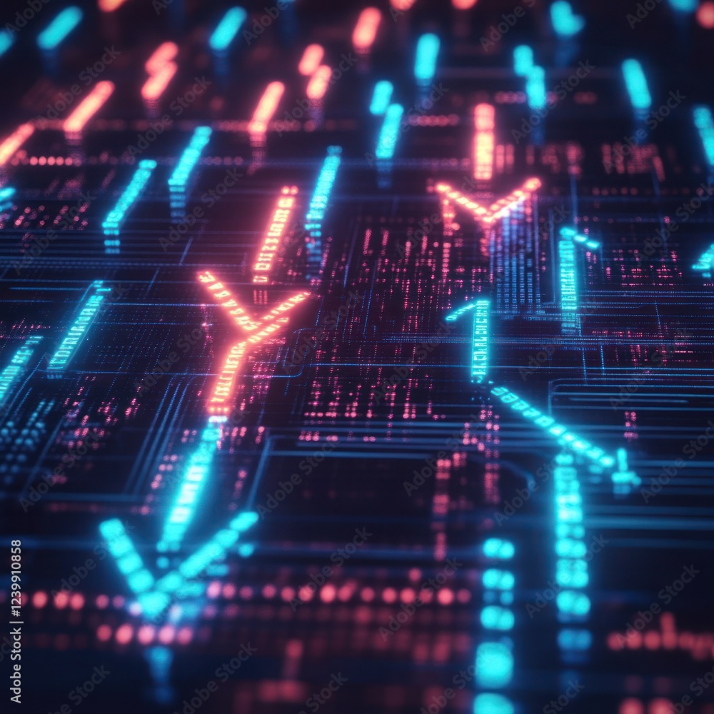 Poster data flow on circuit board. upward arrows in red, downward in blue. background is blurred. used for 