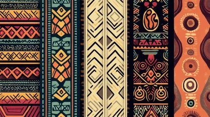 Fototapeten Vibrant ethnic textile pattern design with geometric shapes and tribal motifs. © cllareta