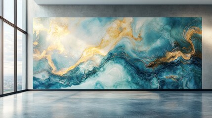 Large abstract teal and gold wall art in modern interior.