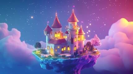 A Fantasy Castle Floating on a Cloud Island Under a Starry Sky