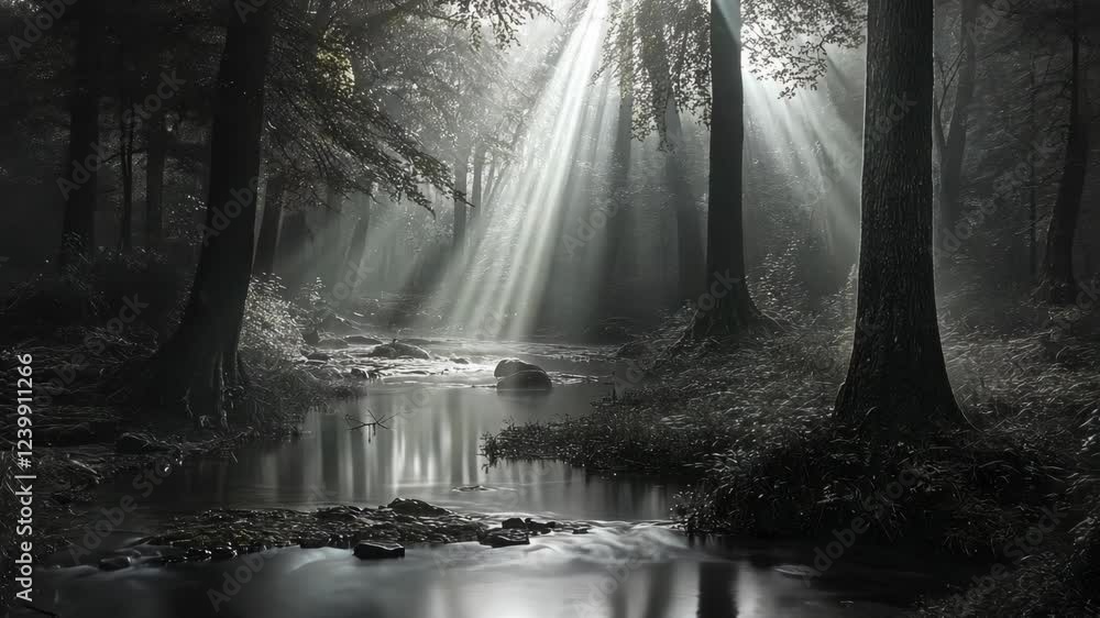 Poster sunlight filters through trees over a serene river in a tranquil forest setting during early morning