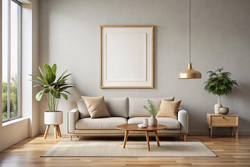 Modern living room mockup, neutral tones, large window, plants, design