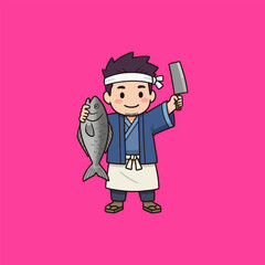 Cute Sushi Chef Cartoon with Fresh Fish and Knife