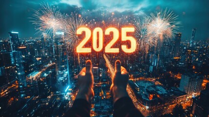 2025 New Year fireworks over city skyline.