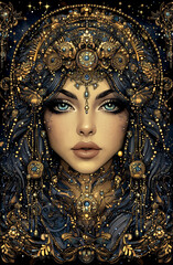 A woman with a gold headdress and blue eyes is the main focus of the image. The headdress is adorned with various jewels and beads, giving it a regal and exotic appearance