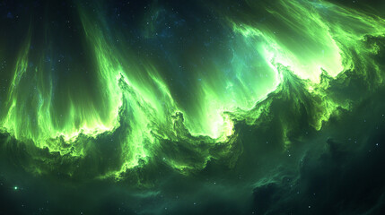 A mesmerizing space scene with vibrant green nebulae resembling auroras, rippling gracefully across the dark void, evoking mystery, cosmic energy, and the vastness of the universe.

