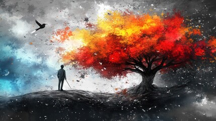 Obraz premium Man contemplating a fiery autumn tree under a stormy sky.