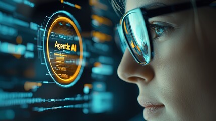 Businesswoman Analyzing Data with Agentic AI Assistant Technology