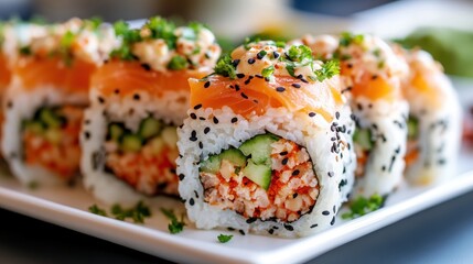 Delicious salmon sushi rolls, topped with sesame seeds and creamy sauce. Perfect for restaurant menus, food blogs, or showcasing Japanese cuisine.